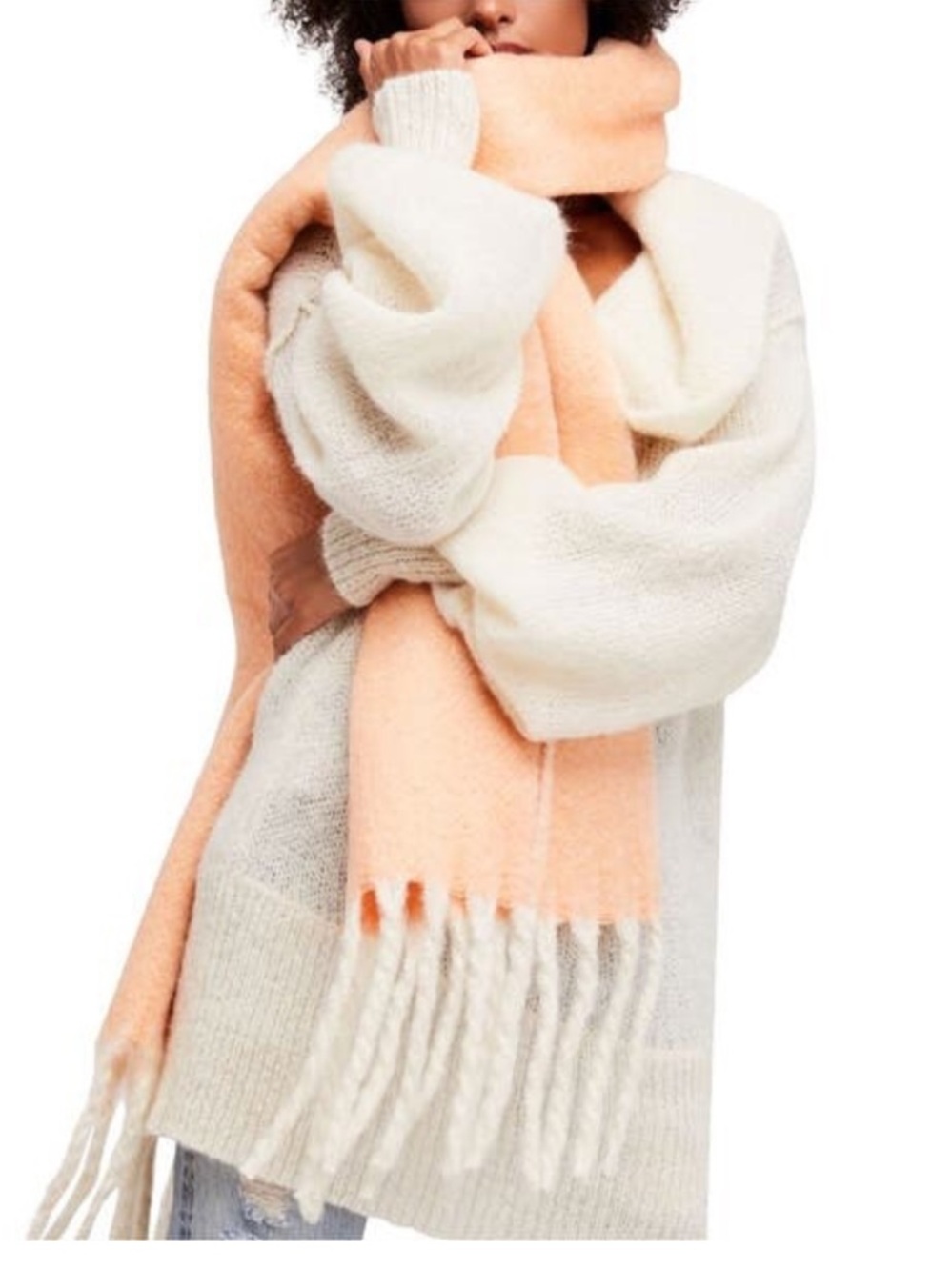 Free People Whisper Fringe Oversized Blanket Scarf Chunky Knit Soft Peach NWOT